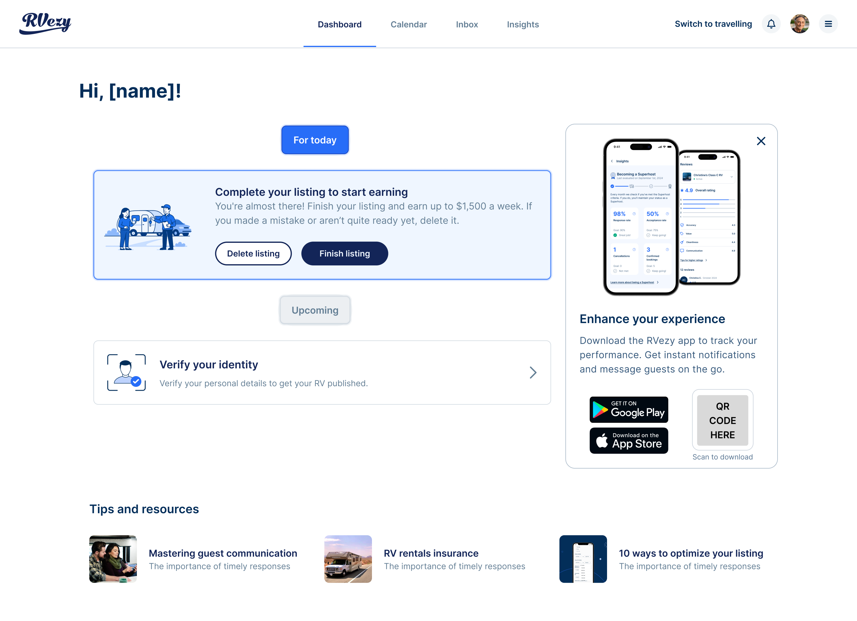 Host Dashboard desktop view